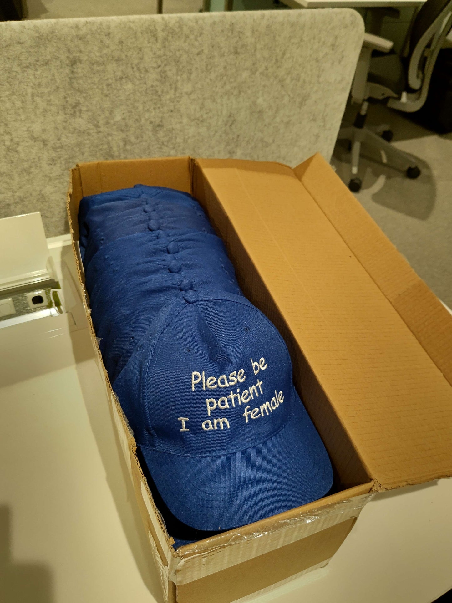 "Please be patient I am female" blue baseball cap / hat